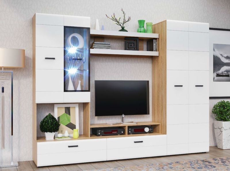 Гостиная Нэнси NEW Вариант №4 ЛДСП (Белый глянец/Сонома) | увеличить фото 1 Гостиная Нэнси NEW Вариант №4 ЛДСП (Белый глянец/Сонома) | фото 1