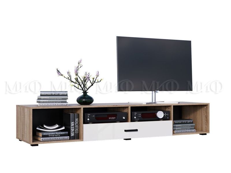 Нэнси New Тумба ТВ ЛДСП (2дв.+1ящ.) Белый глянец/Сонома | увеличить фото 2 Нэнси New Тумба ТВ ЛДСП (2дв.+1ящ.) Белый глянец/Сонома | фото 2